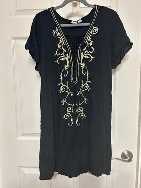 Black Tunic with Gold Metallic Embroidery Lace-Up Embroidered Coverup Beach XL